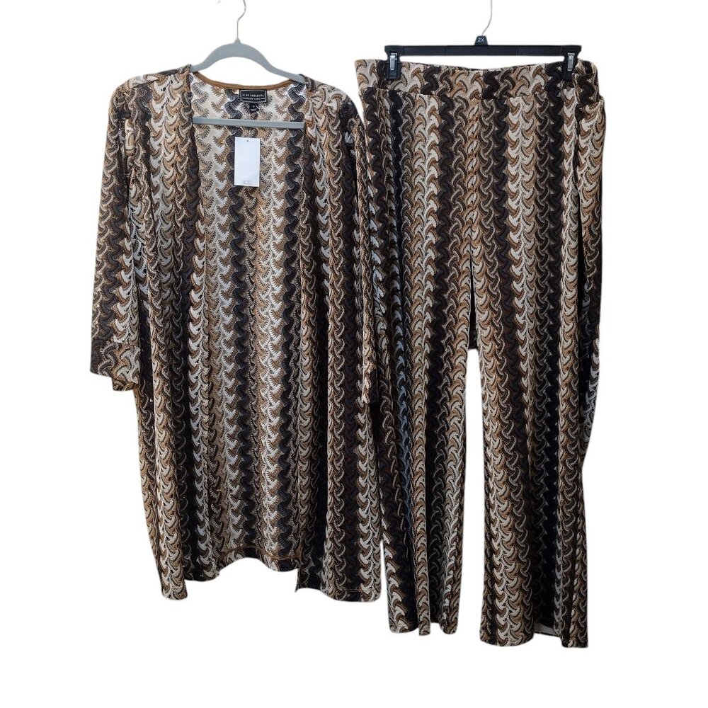 G By Giuliana: 2-pc Crochet Lace Cardigan and Pants, Size 2X, Brown, Tan, Cream